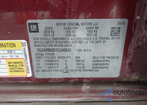 2015 Buick Enclave from USA, damaged, VIN 5GAKRBKD1FJ349540